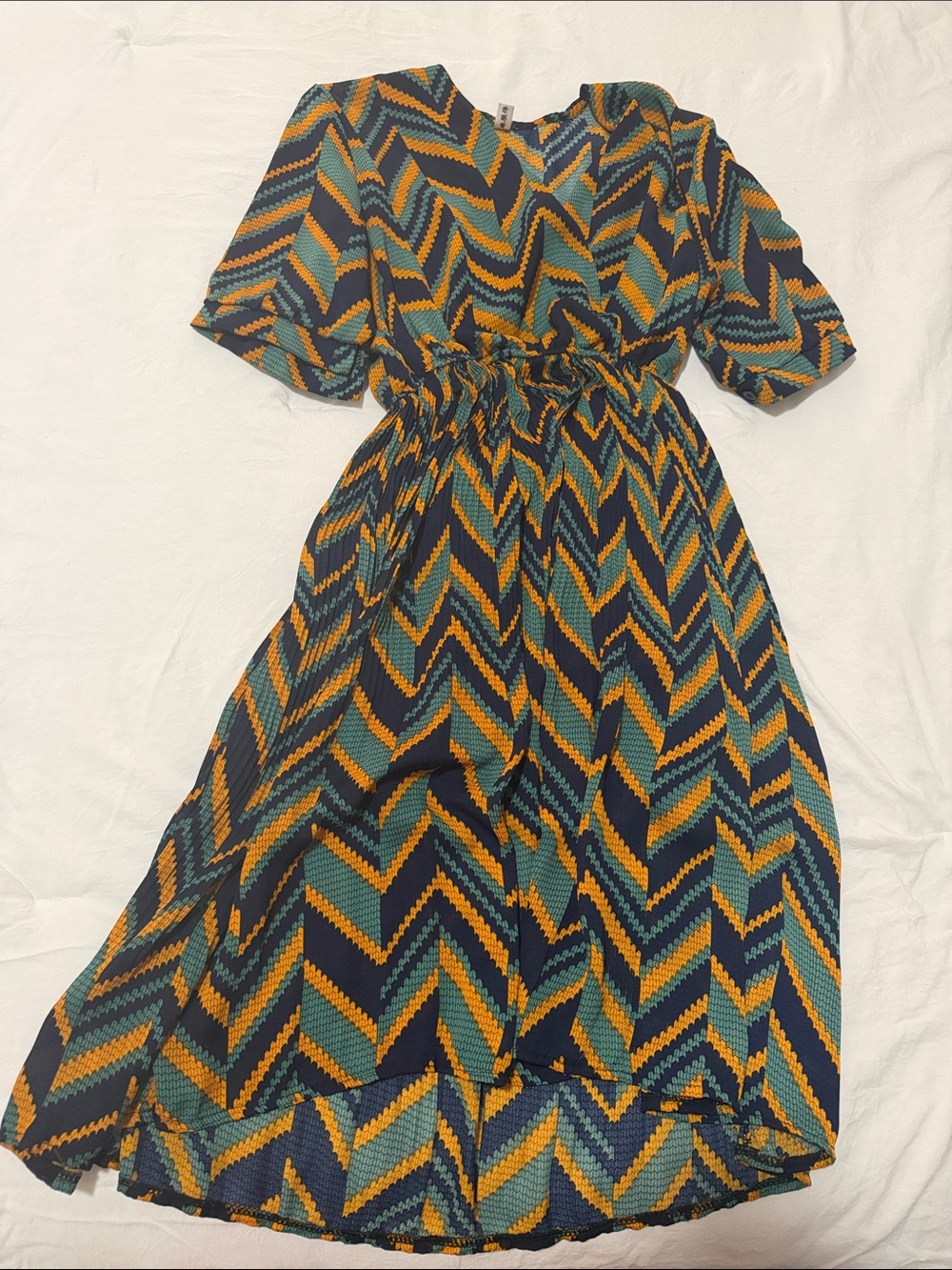 Lined Lightweight Midi Dress in Teal, Navy & Mustard